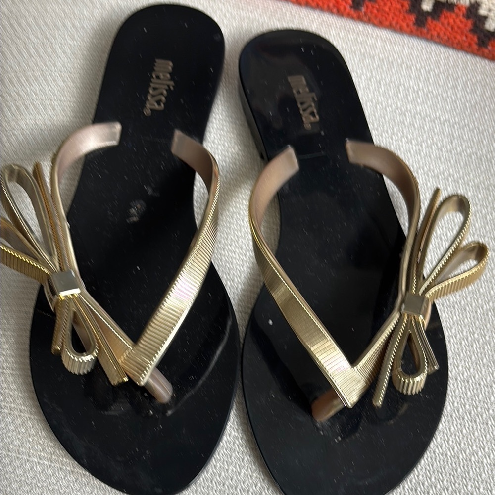 COPY - Melissa Black and Gold Sandals with Bow Detail